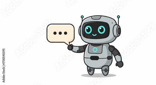 A friendly cartoon robot character holding a speech bubble, representing an AI chatbot assistant for customer service and online communication