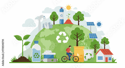 Eco-friendly lifestyle concept illustrating a green planet with recycling and sustainable energy sources. Vector graphic for Earth Day and environmental awareness