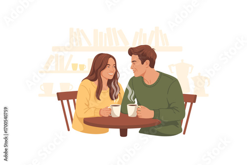 A Romantic Coffee Date: Young Couple Enjoying Coffee Together in a Cozy Cafe with Books and a Warm Ambiance