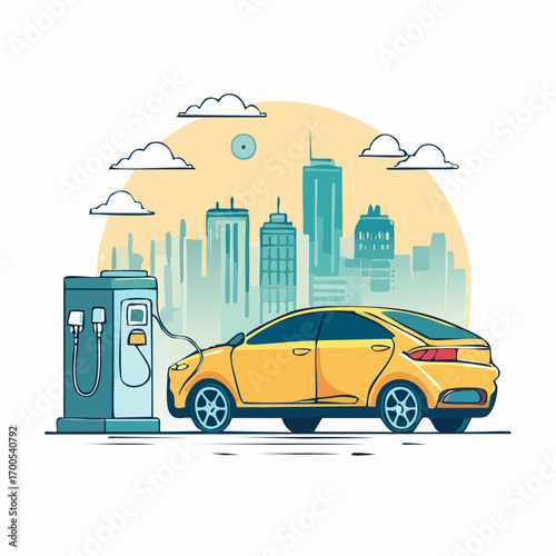 Electric Vehicle Charging Station against Cityscape. Electric car charging station. Electricity eco new technology for future.