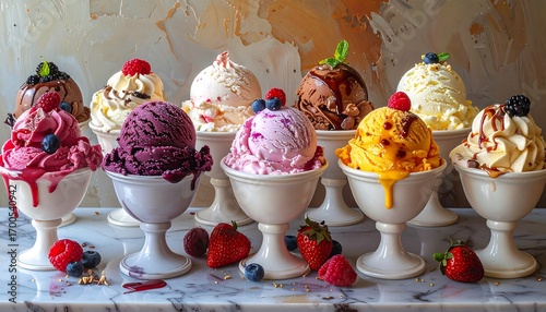 A selection of colorful ice cream scoops in decorative bowls, garnished with fresh berries and drizzled with syrup, displayed on a marble surface.