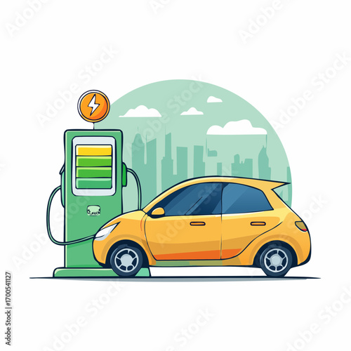 Electric Vehicle Charging Station against Cityscape. Electric car charging station. Electricity eco new technology for future.
