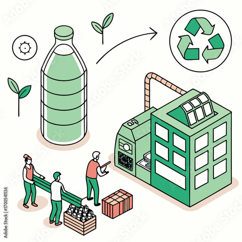 Recycling plastic bottle production and processing illustration