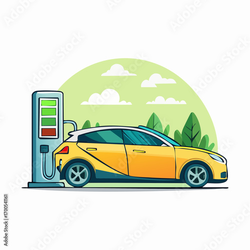 Electric Vehicle Charging Station against Cityscape. Electric car charging station. Electricity eco new technology for future.