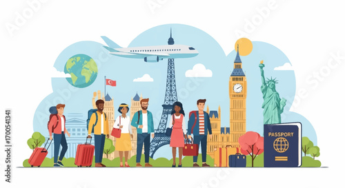 Diverse group of young tourists with luggage exploring famous world landmarks. International vacation and global travel adventure concept
