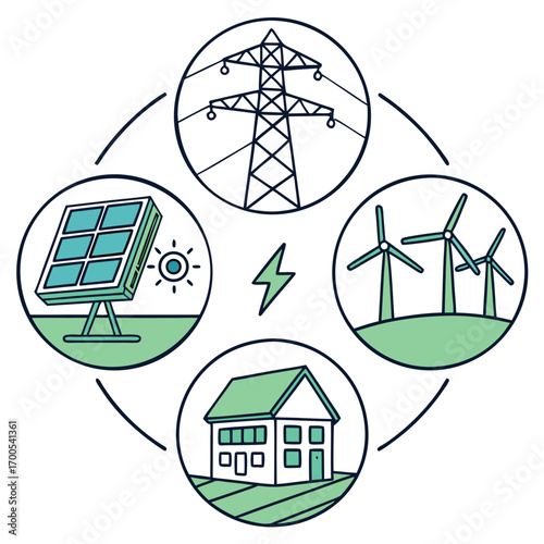 Renewable energy sources powering a house and grid