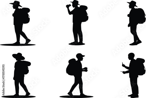 Black silhouette hiker illustration set featuring backpack poses, walking, standing, and travel gestures for outdoor design and adventure merch