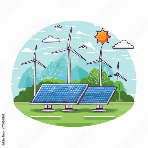 Multiple wind turbines and solar panels on a green landscape. Solar panel wind turbines installed as renewable station energy sources for electricity