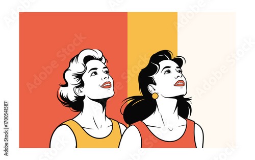 Retro Style Women Looking Up with Optimism and Hope on Bold Geometric Background, Vintage Fashion and Positive Outlook Design Illustration