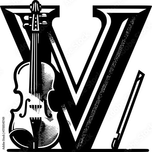 Violin and Letter V: An artistic monochromatic depiction of a violin gracefully integrated with a stylized letter V, suggesting virtuosity and the art of music.