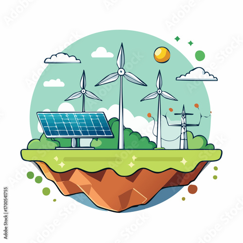 Multiple wind turbines and solar panels on a green landscape. Solar panel wind turbines installed as renewable station energy sources for electricity