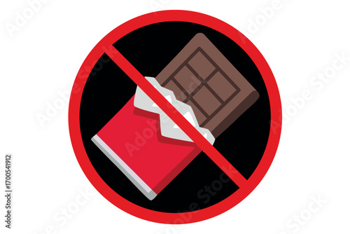 Vector illustration of a prohibition sign with a chocolate bar inside a red circle and slash. Symbol of no sweets, sugar ban, candy restriction, or unhealthy food warning.