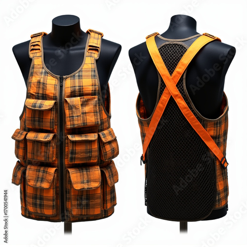 pattern, orange plaid, futuristic vest, high-tech vest, stylish vest, fashion design, wearable tech, safety vest, 