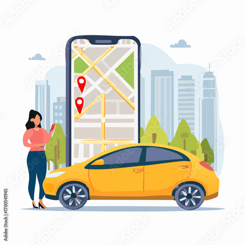 Women using map application for ordering online taxi. Yellow car, smartphone with route and location points on city map on urban landscape background. Car and satellite navigation system concept