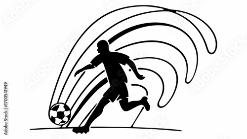 Silhouette of a soccer player kicking a ball with curved lines behind him in black and white design created with generated ai 