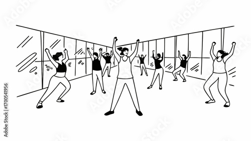 Group of people exercising together in a bright studio with large windows and a minimalist line drawing style created with generated ai 