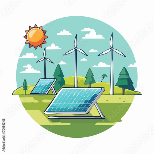 Multiple wind turbines and solar panels on a green landscape. Solar panel wind turbines installed as renewable station energy sources for electricity