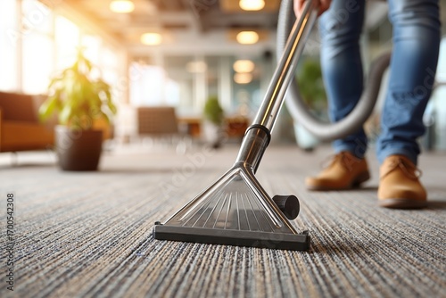 A person vacuuming a carpet with a vacuum cleaner