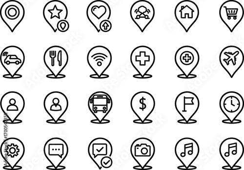 Black-and-white location pin icon set featuring categories like travel, shopping, health, food, entertainment, and services for design and apps