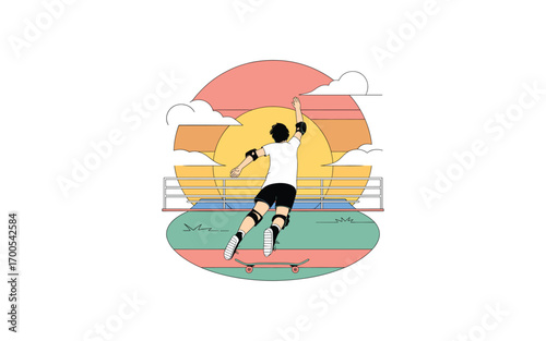 Skateboarding Adventure: Teenager Riding Skateboard into the Sunset with Protective Gear and a Carefree Attitude Near an Urban Bridge in Minimalist Style.