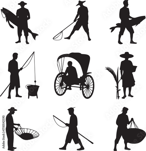Silhouettes of Fishermen Rickshaw Driver and Farmer with Harvest