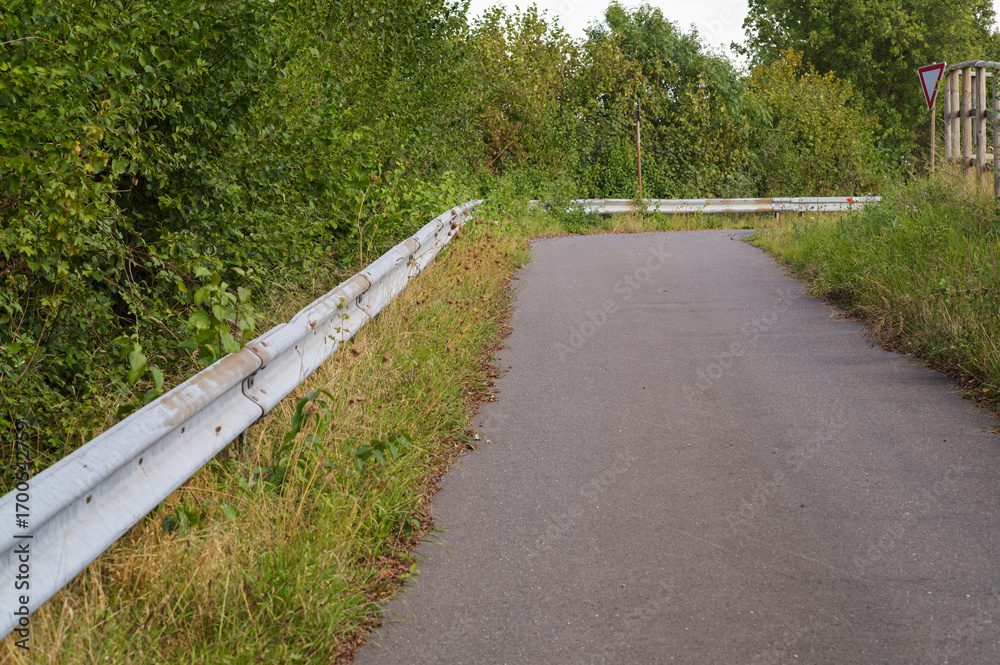 Obraz premium Narrow asphalt road winding through green landscape with guard rail