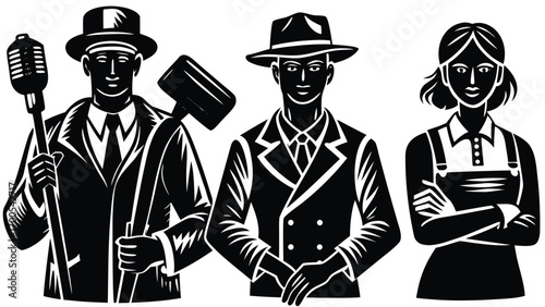 Elegant vector illustration of a retro gangster or detective in a suit and hat, smiling while holding a gun