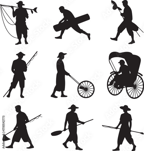 Silhouettes of Fishermen Rickshaw Driver and Farmer with Tools