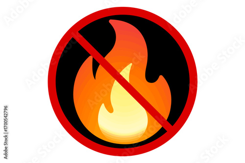 Vector prohibition sign with fire flame. Symbol for no fire, flammable restriction, fire hazard warning, campfire ban, no open flames, safety rules, and prohibited burning activities.