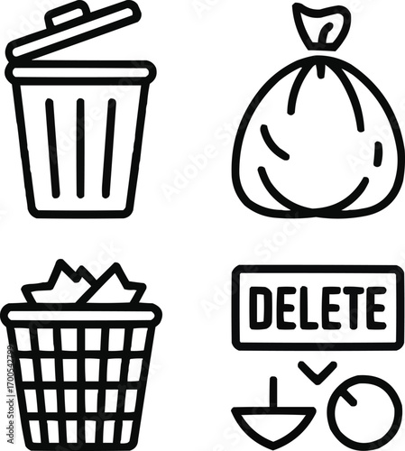 Waste & Recycling Line Icon Collection Trash Bins and Disposal Signs