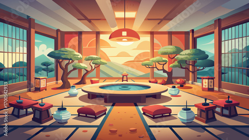 Elegant 360 panorama of a Zen-inspired conference space, centered on a low wooden table, neutral cushions, shoji screens, bonsai trees, and soft lighting, creating calm, focus, and harmonious collabor