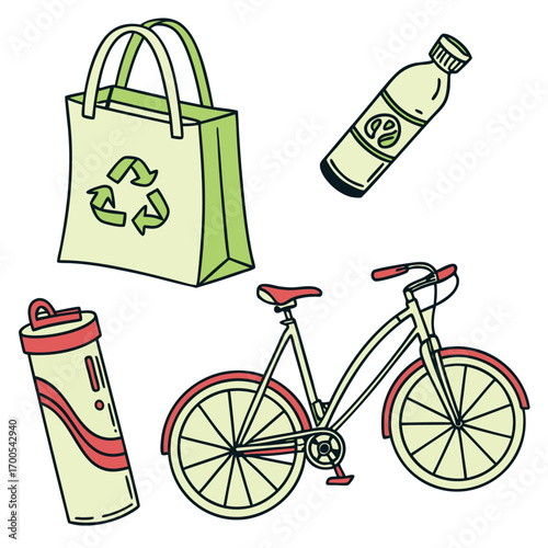 Sustainable Lifestyle Icons with Bicycle and Bag reusable bag