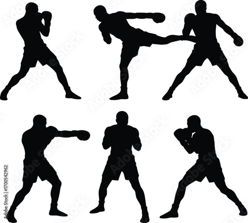 Boxing silhouette action poses, fighter stance variations, punch and kick motion, black vector illustration for sport, training, and animation use
