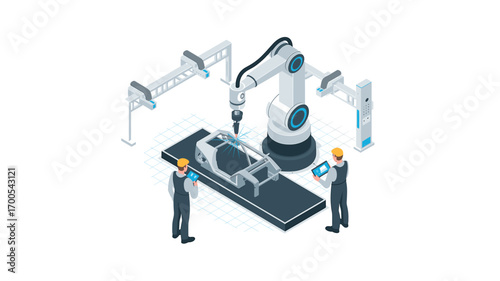 Automated Car Manufacturing: Robotic Welding Arm Assembling Vehicle Frame with Engineers Overseeing the Process, Emphasizing Industry 4.0 and Automotive Innovation.