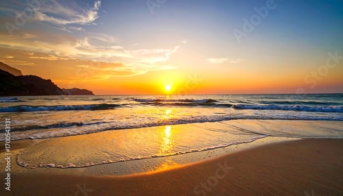 Golden hour beach scene with sun low on horizon, illuminating waves, sand, and distant cliffs. Gentle colors reflect