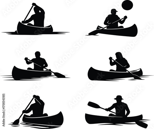 Canoe paddling silhouette set featuring water ripples, scenic sun, and dynamic gestures for outdoor adventure, education, and merch design