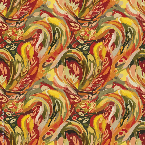 Abstract autumn themed seamless pattern with colorful brushstrokes and foliage, seamless pattern, Stock royalty free image.