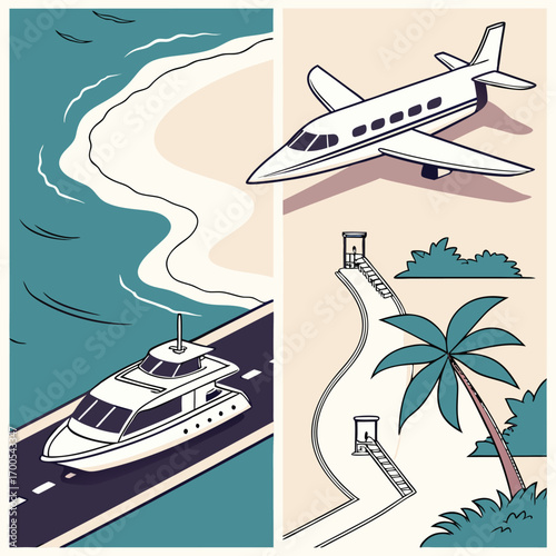 Travel and vacation transport modes yacht plane and Great Wall