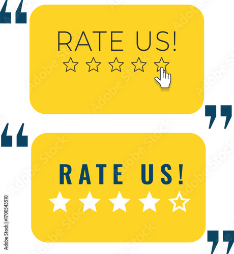 Rate us feedback badge vector design with two creative variants isolated on transparent background for customer review and rating concepts