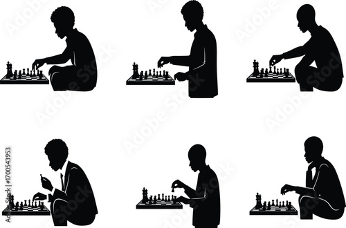 Chess player silhouette illustration set featuring seated poses, strategic gestures, and game table scenes for education, design,
