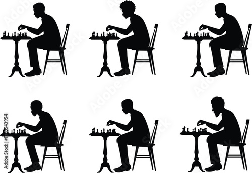 Chess player silhouette illustration set featuring seated poses, strategic gestures, and game table scenes for education, design, and merch