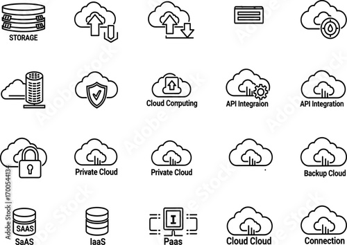 Cloud icon set, black line style, cartoon computing symbols, vector illustration, API graphics, SaaS pack, infrastructure design bundle