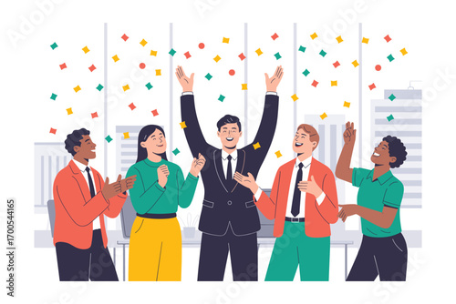Celebrating Team Success: Diverse Professionals Rejoicing Achievement Under a Shower of Confetti, Illustrating Collaboration, Success, and Positive Work Environment in a Modern Office.