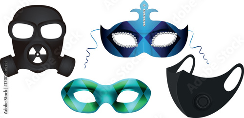 Modern protective mask set vector illustration with four unique design variants isolated on transparent background for health and fashion concepts