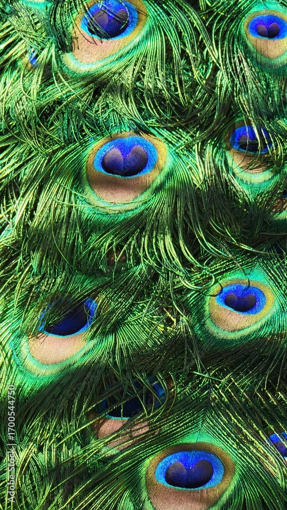 Fototapeta premium Vibrant peacock feathers showcasing intricate patterns and colors in a lush natural setting under bright sunlight