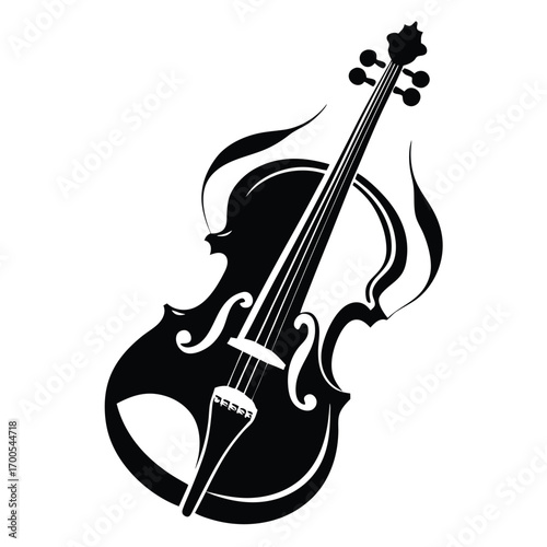 Graphic Silhouette Illustration of a Violin with Strings, Bridge and Tuning Pegs