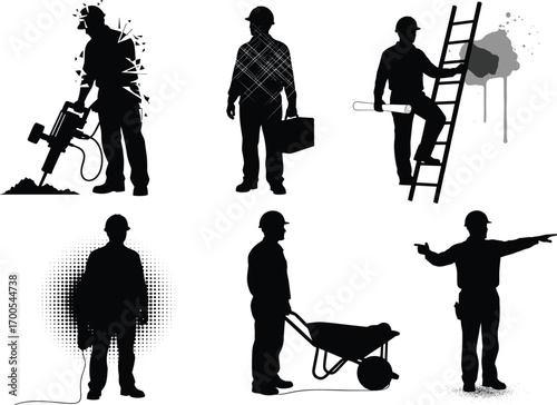 Construction worker silhouettes, labor tools, ladder climbing, jackhammer action, toolbox carrying, wheelbarrow pushing, industrial site, black icons, vector set