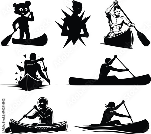 Creative canoe paddling set featuring bear costume, stitched character, abstract styles, and dynamic motion for design, story, and merch