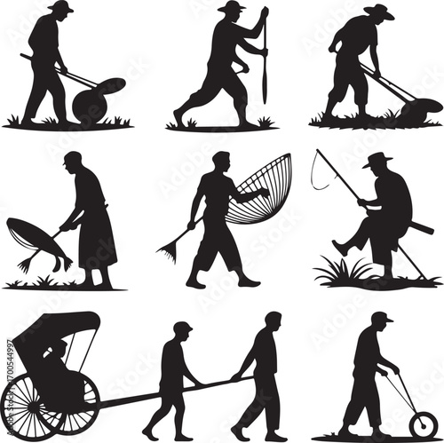 Traditional Asian Fishermen and Rickshaw Puller Silhouettes vector illustration