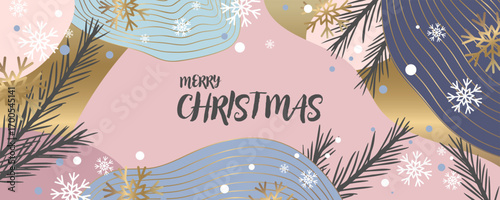 Merry Christmas greeting card. Modern horizontal banner or poster design with fir branches and snowflakes